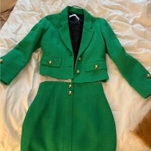 Zara Green Cropped Blazer and Skirt Set with Gold Buttons